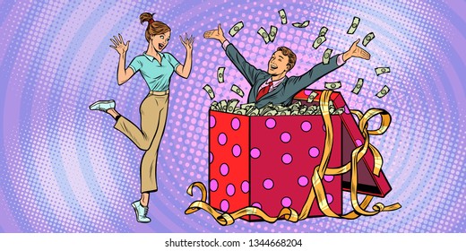 Woman Happy Surprise. Man With Money Gift. Pop Art Retro Vector Illustration Kitsch Vintage