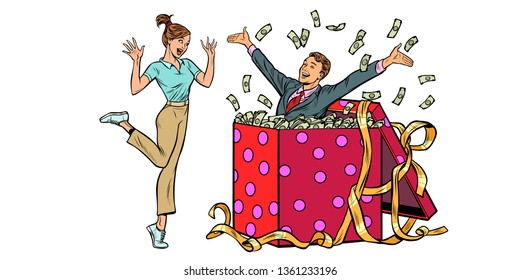 woman happy surprise. man with money gift. isolate on white background. Pop art retro vector illustration kitsch vintage