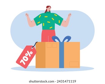 Woman is happy that the shopping package box has arrived at home, special sale. Character design. Vector flat illustration