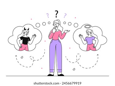 Woman with hard choice linear. Young girl between angel and devil. Solution and decision making, logical thinking and moral choice. Doodle flat vector illustration isolated on white background