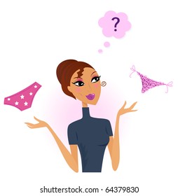 Woman with hard decision: classic or string thong. Vector Illustration