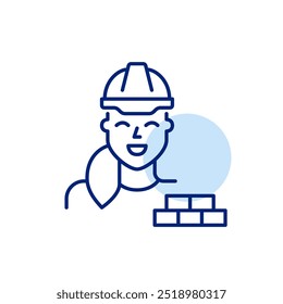 Woman in hard hat and bricks. Safety in construction work. Manual labor. Pixel perfect, editable stroke icon