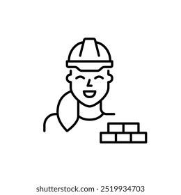 Woman in hard hat and bricks. Safety in construction work. Manual labor. Pixel perfect vector icon