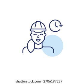 Woman in hard hat and clock. Project deadline, worksite scheduling. Pixel perfect, editable stroke vector icon