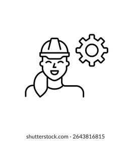 Woman in hard hat and cogwheel. Technical operations, system supervision, safety configuration, engineering control, maintenance management. Pixel perfect, editable stroke vector icon