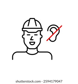 Woman in hard hat, crossed ear symbol. Worker hearing protection and health safety. Noise restricted construction area. Pixel perfect, editable stroke vector icon