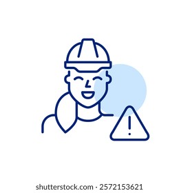 Woman in hard hat and exclamation mark in triangle. Safety compliance reminder, construction workplace protection and security hazards. Pixel perfect, editable stroke icon