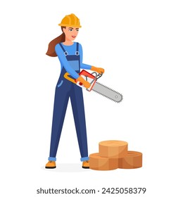 Woman in hard hat holding electric saw for woodwork, female carpenter working with wood vector illustration svg