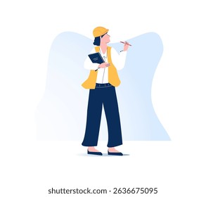 Woman in a hard hat and reflective vest, showing ok sign, holding a clipboard. Construction site manager, in a safety vest and helmet. She epitomizes modern engineering in urban environments