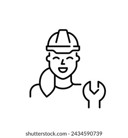 Woman hard hat with wrench. Skilled technician in engineering and construction. Pixel perfect vector icon