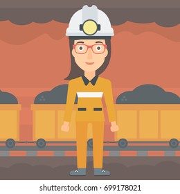 A woman in hardhat with torch on the background of mining tunnel with cart full of coal vector flat design illustration. Square layout. 