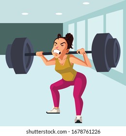 Woman hardly lift heavy dumbbell cartoon character illustration

