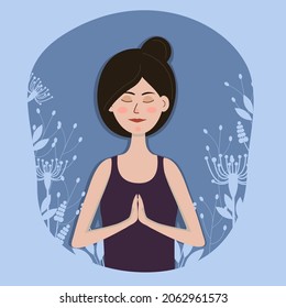 A woman is in harmony with herself. Vector image of a young woman who does yoga. A girl who loves sports. Flat illustration.