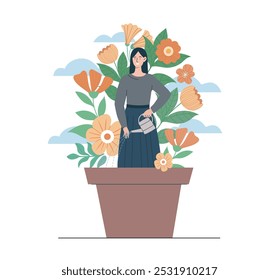 Woman in harmony with herself. Young girl plays with herself in flower pot. Positive and optimistic. Mindfulness and awareness. Businesswoman with self development. Flat vector illustration