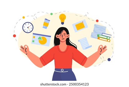 Woman with harmony at work. Young girl handles tasks calmly. Stress management and breathing practices, meditation in office. Mindfulness and awareness. Flat vector illustration