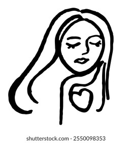 Woman with hart, hand draw, ink. Vector graphics, isolated. Calm illustration.