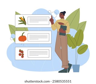 Woman with harvest list. Young girl near tomato, corn and pumpkin. Farming and agriculture. Natural and organic products, vegetables. Farmer with checklist. Flat vector illustration