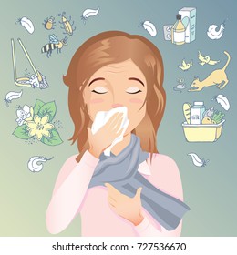 Woman has an allergy, runny nose and cough. Allergic to dust, pollen, animals, medicines, food and insects. / vector cartoon illustration