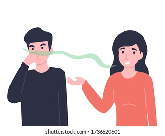 Woman has bad smell in her mouth, man close his nose. Halitosis or fetor oris problem. Flat vector cartoon modern illustration.