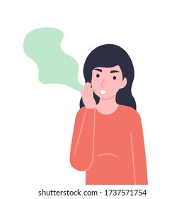 Woman has bad smell in her mouth. Halitosis or fetor oris problem. Flat vector cartoon modern illustration.