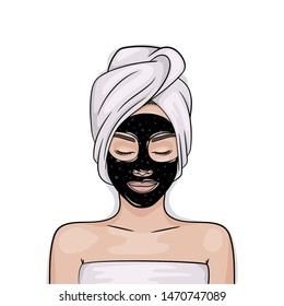 Woman has a beauty mask on her face. black peel off mask. Acne Pore Cleaning Salon Treatment. Blackhead Removal. Purifying Facial Masks. Natural Activated Charcoal. Isolated vector illustration