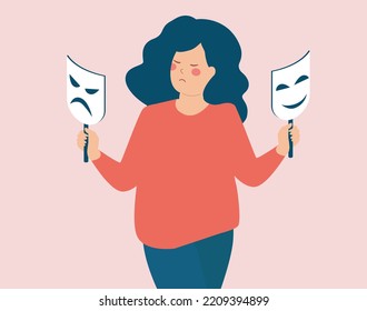 Woman has Bipolar disorder holding happy and sad masks. illustration of schizophrenia disease and split personality. Mental health illness, dual identity and hypocrisy concept. Vector illustration.