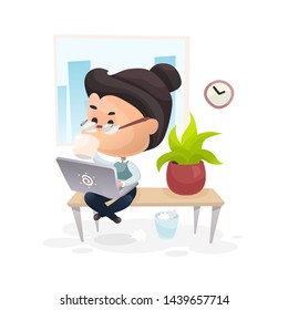 Woman has a break, sitting at her office desk and drinking tea or coffee. Flat vector illustration isolated on white