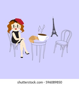 Woman has breakfast in Paris. Vector illustration.