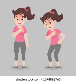 Woman has Breathlessness. Cartoon character design. Health care concept.