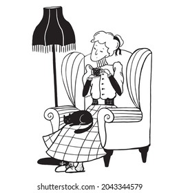 woman has a coffee break with cat, ink art illustration, vector vintage clipart with cartoon character good for print and card design