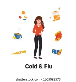 Woman has a cold and flu. Methods may help fight off viral and bacterial infections. Flat vector cartoon illustration.