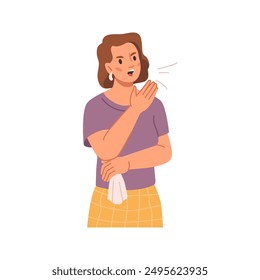 Woman has cough, sick symptoms feeling unwell. Ill person with running nose, coronavirus symptoms. Female with headache having cold, seasonal flu, coughing in hand person flat vector illustration