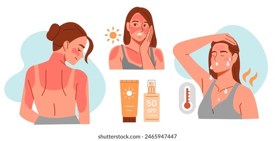 Woman has damaged from sunburn skin on her face and body and sunstroke by strong summer heat. Sun overexposure symptoms and UV protection concept. Vector illustration.