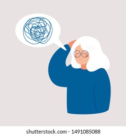 Woman has depression with bewildered thoughts in her mind. Loss of short-term memory, difficulty concentrating, problems planning and pondering things are symptoms of dementia.