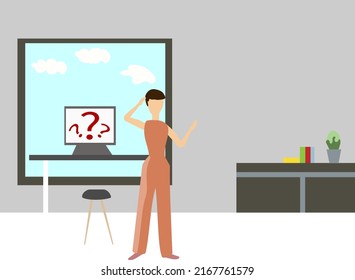 Woman has difficult problems or issues at working vector illustration. Flat or simple design of professional business concept idea. Female in business dress or outfit. Question marks on pc monitor.
