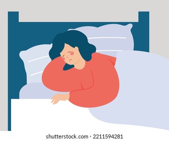 Woman has difficulty to sleep at night. Girl lying on bed can't sleep due to the headache. Person suffers from insomnia, nightmares and negative tangled thoughts. Mental health and sleep disorders.