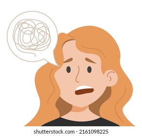 Woman has difficulty with speaking vector isolated. Symptom of disease, problem with brain. Mental disorder. Alzheimer or migraine symptom. Confused character.