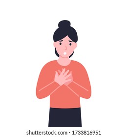 Woman has dyspnea, shortness of breath, disordered or inadequate breathing. Girl feeling chest tightness, pain in the chest and air hunger, lack of air, hyperventilation. Flat vector illustration.