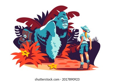 Woman has encounter with gorilla family in jungle vector illustration. Traveller meeting gorilla in forest flat style concept. Travelling and wild animals idea - Shutterstock ID 2017890923