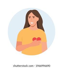 Woman has friendly expression and keeps hand on heart. Girl expresses love, thankful feelings. Love,donation, relationships concept.Vector cartoon style