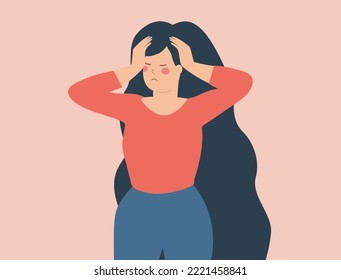 Woman has headache on top of her head. Female suffers from migraine, stress and depression at work due to labor exploitation. Illustration of burnout and breakdown. Concept of mental health disorder.