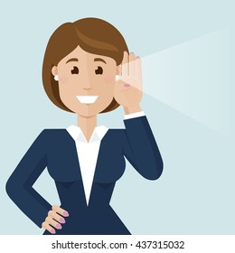 The woman has her hands to her ears and listens to the news. Analysis of information. Hearing the Good News.Modern vector illustration in flat style.
