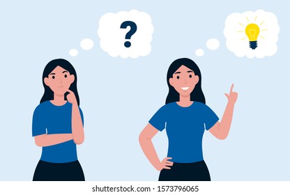 Woman has idea and question. Female having solution,  idea lightbulb concept, creative thinking, solved question. Flat vector cartoon illustration. 