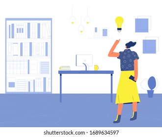 Woman has an idea. Self employed character standing in her room. Freelancer working at home. Vector flat illustration.