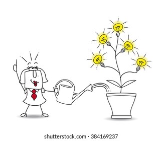 Woman has an idea. This businesswoman waters the tree and it's ideas bulbs.  A metaphor of somebody who want find brilliant ideas