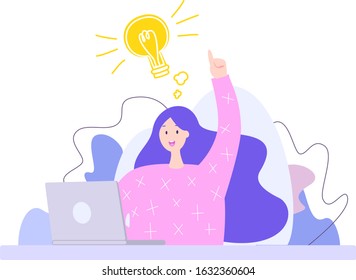 Woman has an idea at workplace. Concept design in new flat style. The bulb idea concept
