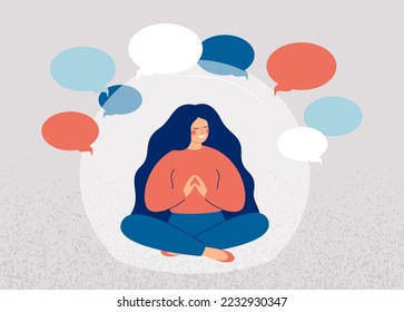 Woman has immunity for criticism and gossip. Calm girl is inside transparent bubble and saves mental health. Preserving personal boundaries concept. Vector illustration