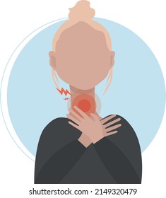 A Woman Has An Itchy Throat. The Woman Touched Her Throat And Had Pain. Woman In A Black Hoodie With A Pain In Her Throat Vector Illustration