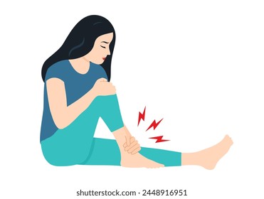 Woman has leg pain in flat design. Muscle or bone problem.