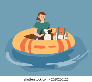 A woman has lost her home in floods and is on a boat with her pet dog. flat design style vector illustration.